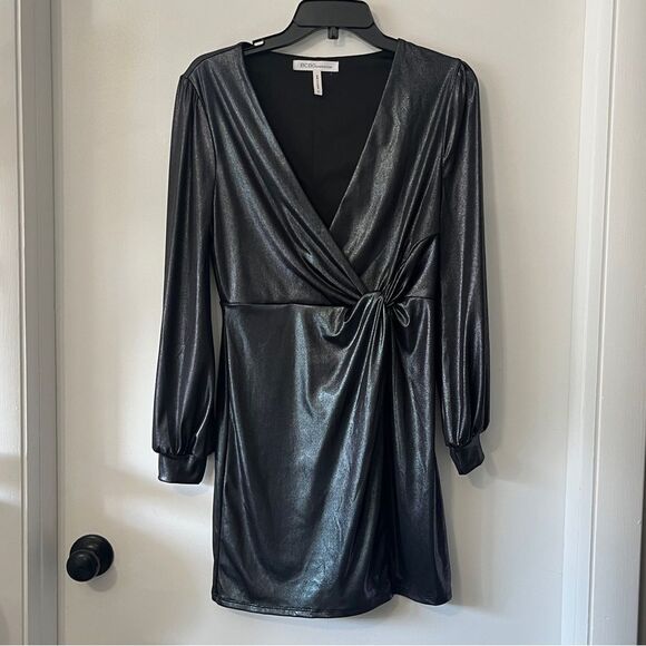 BCBG Generation Silver Black Sheen Long Sleeve Short Dress Small - Picture 1 of 10